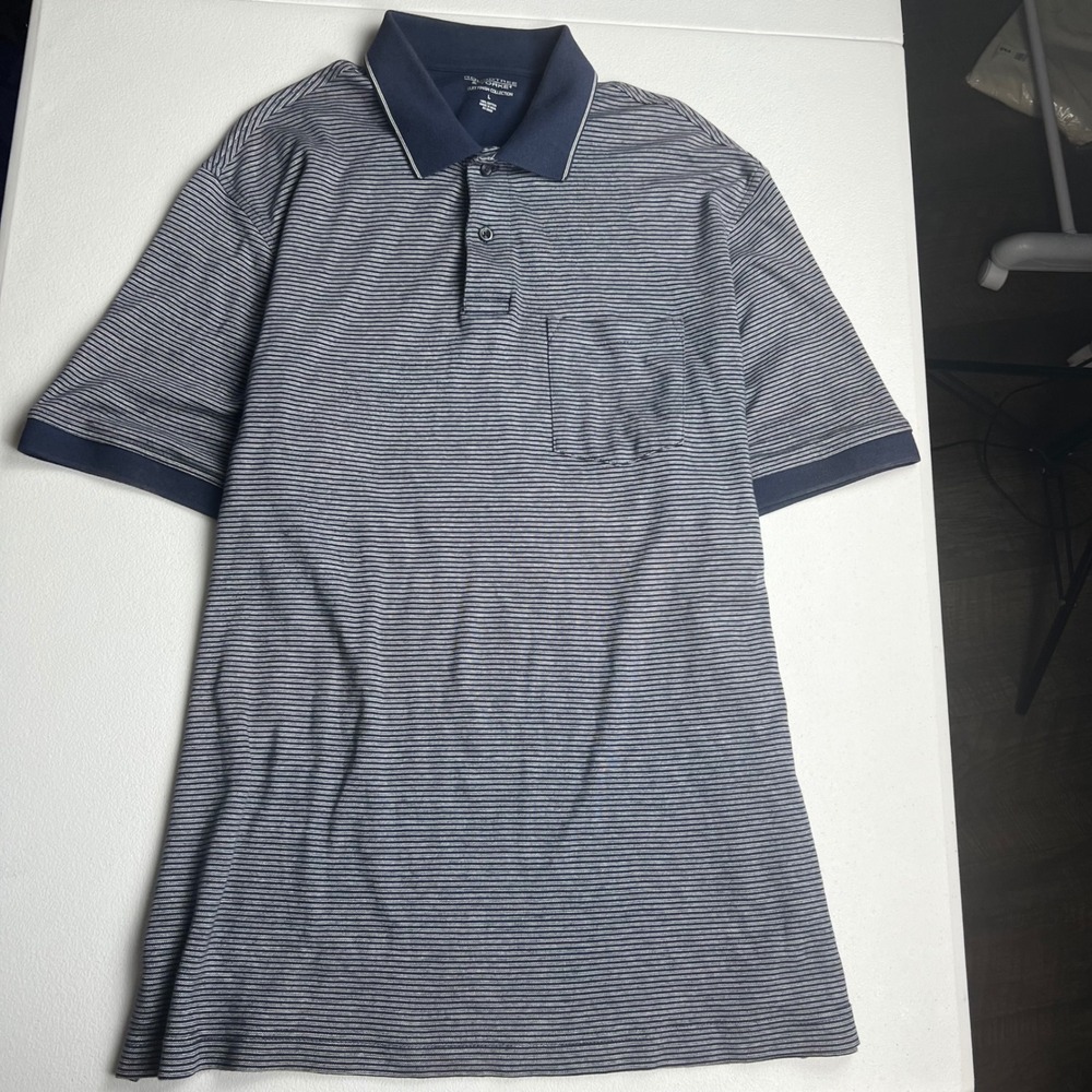 Roundtree & Yorke Mens Large Navy Blue Striped Silky Finish Cotton Polo Shirt